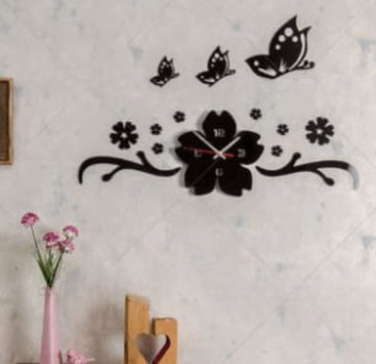 Black Butterfly Wall Clock Beautiful Wooden Material - Decorify